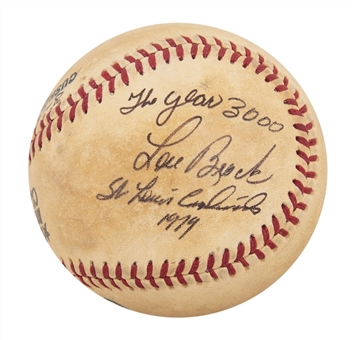 1979 Lou Brock Game Used & Signed ONL Feeney Baseball From 3,000th Hit Game (MEARS & JSA)